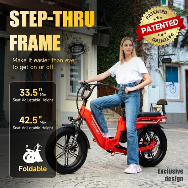 TESWAY X5 hopfällbar elcykel 25AH batteri, 750W motor, 130 km räckvidd, 20*4,0 tums fatdäck, SHIMANO 7-växlad - Röd