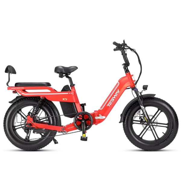 TESWAY X5 hopfällbar elcykel 25AH batteri, 750W motor, 130 km räckvidd, 20*4,0 tums fatdäck, SHIMANO 7-växlad - Röd