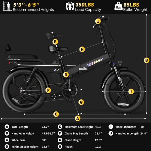 TESWAY X7 Hopfällbar Elcykel 25AH Batteri, 130km Räckvidd, 750W Motor, 20*4.0 Tums Fat Tire, SHIMANO 7-Växel - Svart