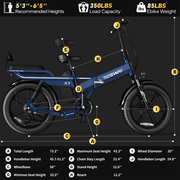 TESWAY X7 Hopfällbar Elcykel 25AH Batteri, 750W Motor, 130km Räckvidd, 20*4.0 Tums Fat Tire, SHIMANO 7-Växel - Blå