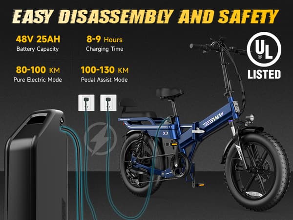 TESWAY X7 Hopfällbar Elcykel 25AH Batteri, 750W Motor, 130km Räckvidd, 20*4.0 Tums Fat Tire, SHIMANO 7-Växel - Blå