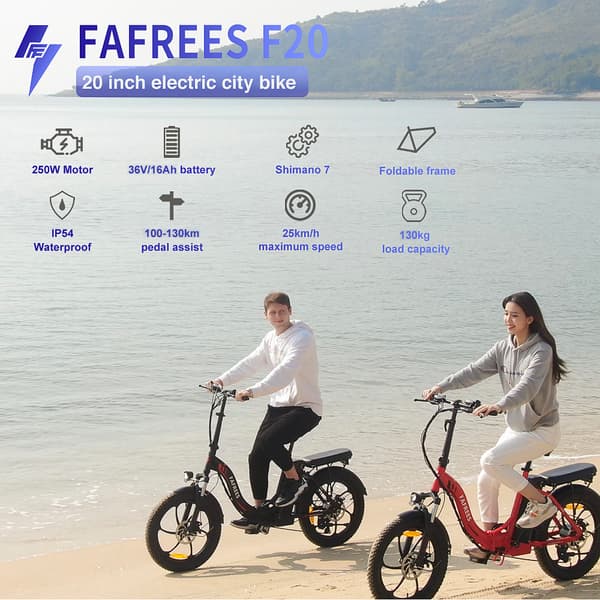 Fafrees F20 Hopfällbar Elcykel 250W Motor, 16AH Batteri, 130km Räckvidd, 20*3.0 Tums Fat Tire, SHIMANO 7-Växel - Röd