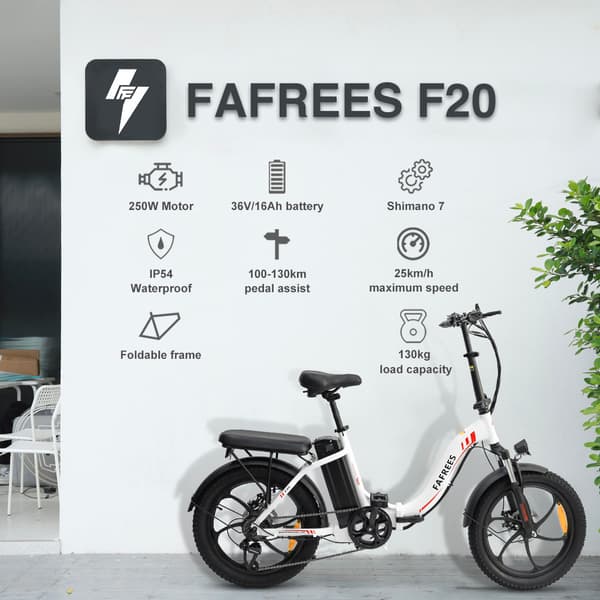 Fafrees F20 Hopfällbar Elcykel 16AH Batteri, 250W Motor, 130km Räckvidd, 20*3.0 Tums Fat Tire, SHIMANO 7-Växel - Vit