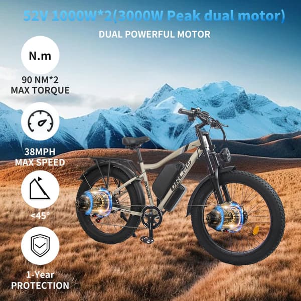Sähkömaastopyörä Orlms MX500, 2 x 1000 W moottori, 52 V 25 Ah akku, 26", täysjousitus