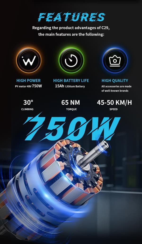 DUOTTS C29 aikuisten off-road sähköpyörä, 750W moottori, 15AH akku, 21 nopeutta, Bluetooth-yhteyssovellus, yksi- ja kaksiakkuvaihtoehtoja.