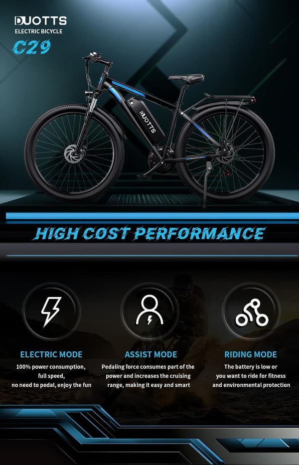DUOTTS C29 750W sähköinen maastopyörä, 15AH akku, Shimano 21-nopeuksinen, sopii aikuisille, hydraulinen jarru