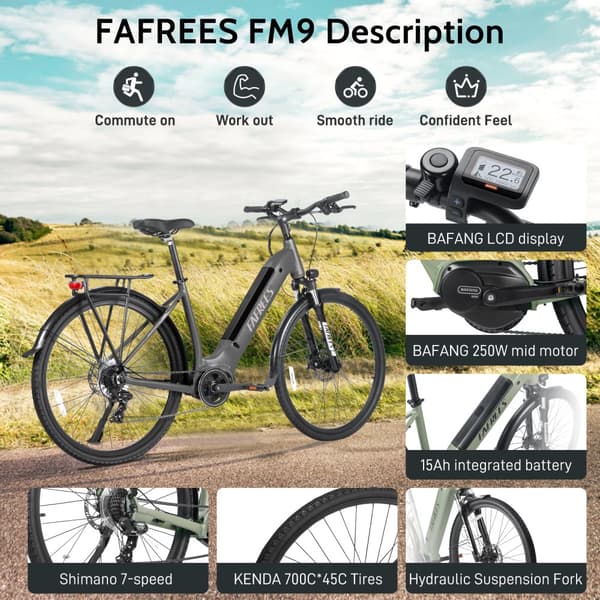 Fafrees FM9 elcykel 15AH batteri, 120 km räckvidd, 250W motor, 700C × 45C däck, SHIMANO 7 växlar -Mörkgrön