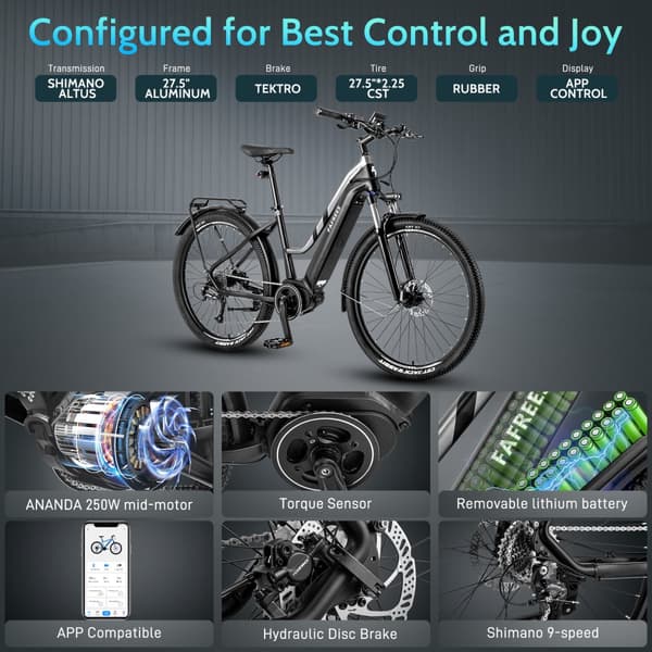 Fafrees FM8 elcykel 15AH batteri, 250W motor, 120 km räckvidd, 27,5 × 2,25 tums däck, SHIMANO 9-växlad -Svart pistolmetall