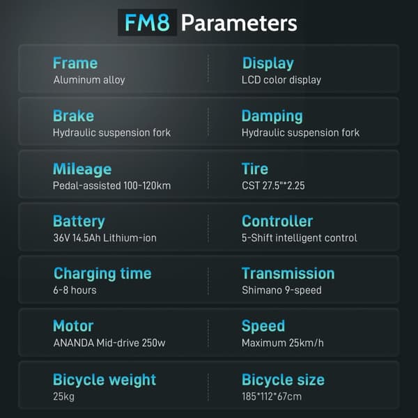 Fafrees FM8 elcykel 15AH batteri, 120 km räckvidd, 250W motor, 27,5 × 2,25 tums däck, SHIMANO 9-växlad -Svart pistolmetall