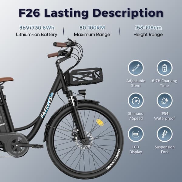 FAFREES F26 Lasting elcykel 20,3AH batteri, 250W motor, 200 km räckvidd, 26*1,95 tums däck, SHIMANO 7-växlad -svart