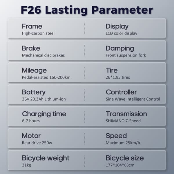 FAFREES F26 Lasting elcykel 20,3AH batteri, 250W motor, 200 km räckvidd, 26*1,95 tums däck, SHIMANO 7-växlad -svart