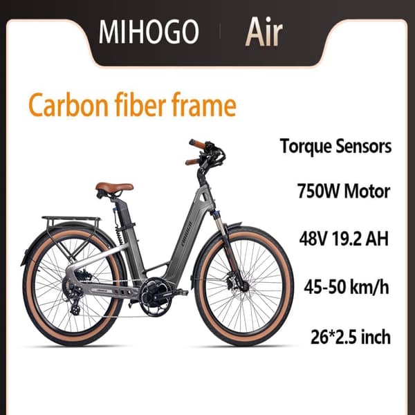 MIHOGO Air sähköpyörä, 750 W moottori, 19,2 Ah akku, kaksoisvarret vääntömomenttianturilla, 7 vaihdetta, 26'' * 2,5 renkaat, hiilikuiturunko Harmaa