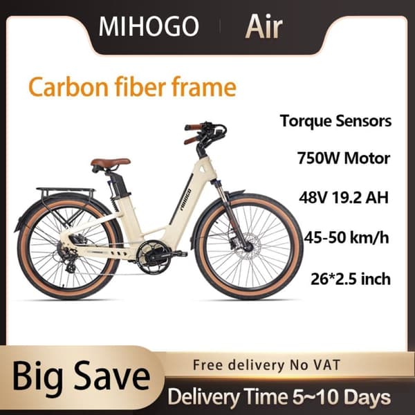 MIHOGO Air 26'' sähköinen kaupunkipyörä, 750 W moottori, 19,2 Ah akku, kaksivartiset vääntömomenttianturit, lukitsematon nopeusrajoitus Keltainen