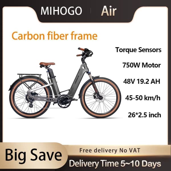 MIHOGO Air 26'' sähköinen kaupunkipyörä, 750 W moottori, 19,2 Ah akku, kaksivartiset vääntömomenttianturit, lukitsematon nopeusrajoitus