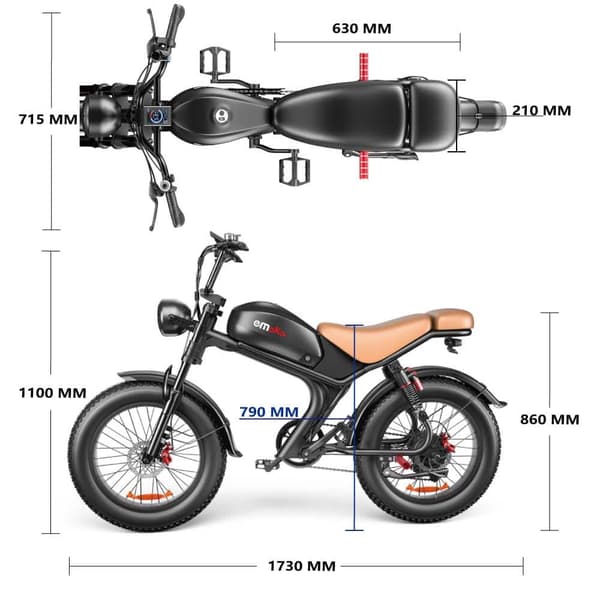 Emoko C93 elcykel i mopedstil, 1000W motor, 20AHEmoko C93 elcykel i mopedstil, 1000W motor, 20AH batter batteri, 20''*4.0 däck, 50KM/H, 7 hastigheter.