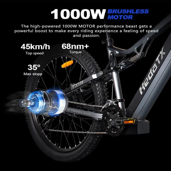 Hedatx TX19 29''/27,5'' elcykel, 1000W motor, 19,2AH batteri, 27 hastigheter, hydrauliska bromsar, full fjädring