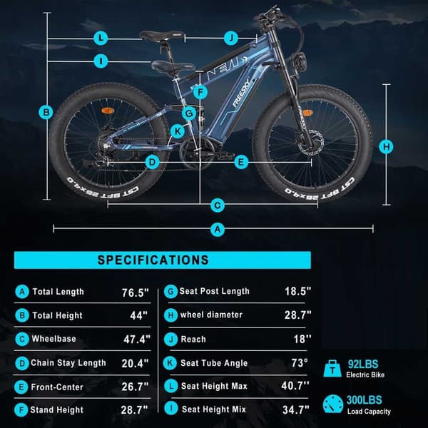 Freesky M520 26'' vuxen elcykel, 1200W motor, 41AH batteri, maxhastighet upp till 60KM/H, 7 hastigheter, full fjädring, hydraulisk broms