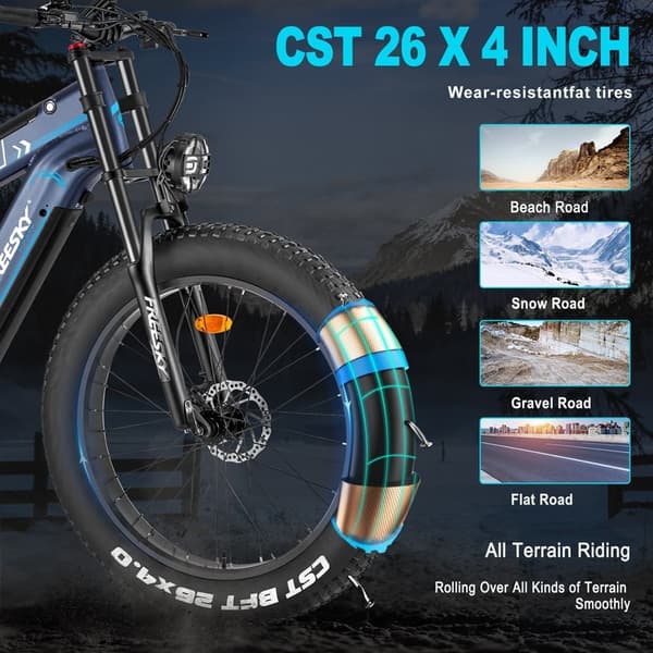 Freesky M520 26'' vuxen elcykel, 1200W motor, 41AH batteri, maxhastighet upp till 60KM/H, 7 hastigheter, full fjädring, hydraulisk broms