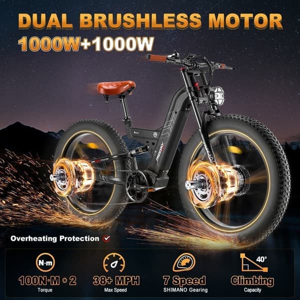 Freesky M530 26'' elcykel med dubbla motorer, 30Ah Samsung litiumbatteri, 2*1000W motorer, 7 hastigheter, hydrauliska bromsar, fullfjädrad elcykel