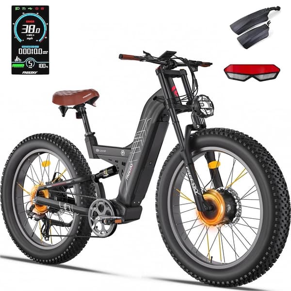 Freesky M530 26'' elcykel med dubbla motorer, 30Ah Samsung litiumbatteri, 2*1000W motorer, 7 hastigheter, hydrauliska bromsar, fullfjädrad elcykel