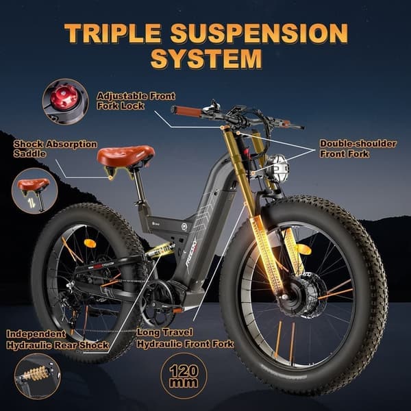 Freesky M530 26'' elcykel med dubbla motorer, 30Ah Samsung litiumbatteri, 2*1000W motorer, 7 hastigheter, hydrauliska bromsar, fullfjädrad elcykel