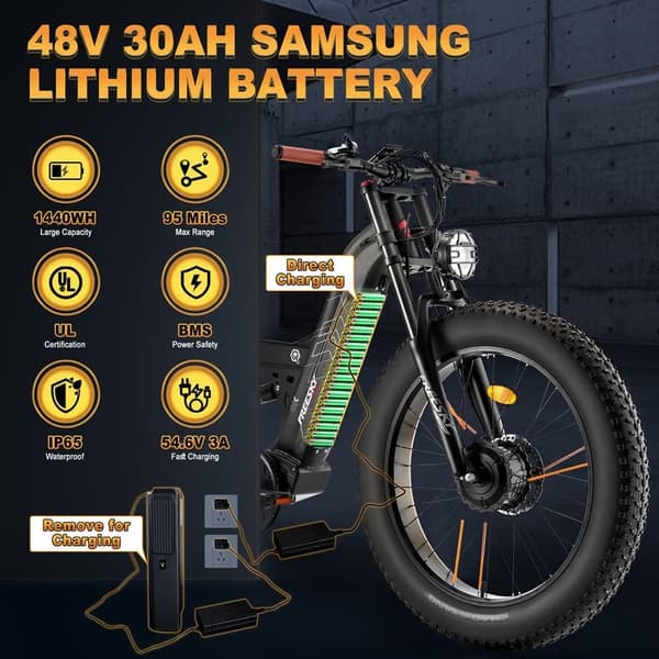 Freesky M530 26'' elcykel med dubbla motorer, 30Ah Samsung litiumbatteri, 2*1000W motorer, 7 hastigheter, hydrauliska bromsar, fullfjädrad elcykel