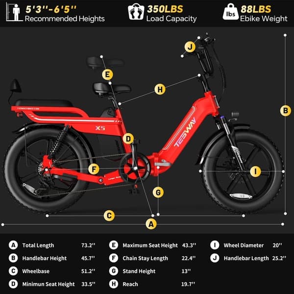 TESWAY X5 heldämpad elcykel, 750W motor, 48V 30Ah batteri, 20 x 4,0'' däck, topphastighet 45 km/h, räckvidd 120 km (PAS), Shimano 7-växlad