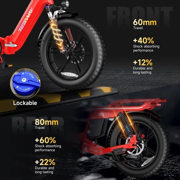TESWAY X5 heldämpad elcykel, 750W motor, 48V 30Ah batteri, 20 x 4,0'' däck, topphastighet 45 km/h, räckvidd 120 km (PAS), Shimano 7-växlad