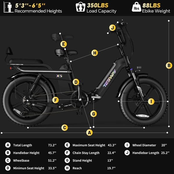 TESWAY X5 heldämpad elcykel, 750W motor, 48V 30Ah batteri, 20 x 4,0'' däck, topphastighet 45 km/h, räckvidd 120 km (PAS), Shimano 7-växlad