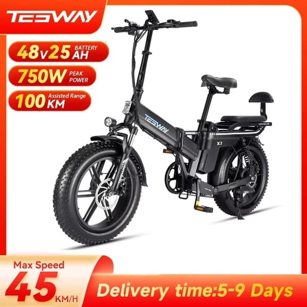 TESWAY-X7 hopfällbar elcykel, 500W/750W motor, maxhastighet upp till 45 km/h, 25Ah/30AH batteri som tillval, hydrauliska bromsar, Shimano 7-växlad
