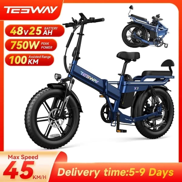 TESWAY-X7 hopfällbar elcykel, 500W/750W motor, maxhastighet upp till 45 km/h, 25Ah/30AH batteri som tillval, hydrauliska bromsar, Shimano 7-växlad