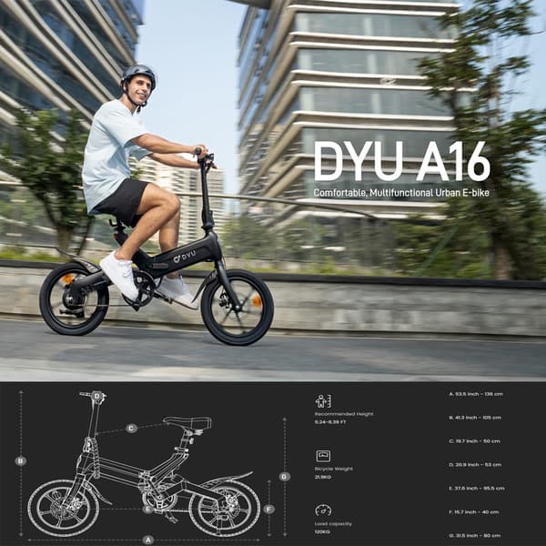 DYU A16 16'' elcykel, 250W motor, 10AH batteri, 25KM/H, främre och bakre stötdämpare, hopfällbar