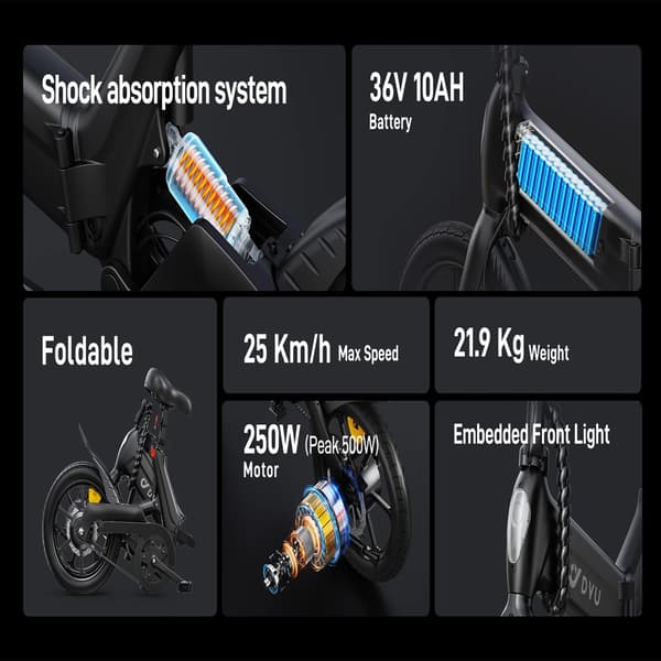 DYU A16 16'' elcykel, 250W motor, 10AH batteri, 25KM/H, främre och bakre stötdämpare, hopfällbar