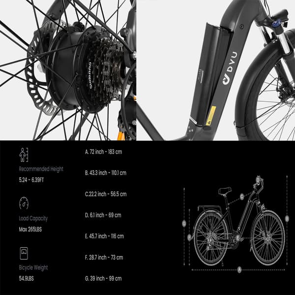 DYU C1 26 tuuman kaupunkisähköpyörä, 350W moottori, 36V 10AH akku, maksimikantama 65KM. Shimanon seitsenvaihteiset, 26*2,5” maastorenkaat.