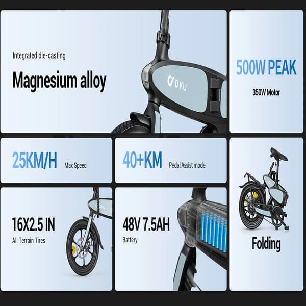 DYU C2 16-tums helt hopfällbar elcykel, ram i magnesiumlegering, 16*2,5-tums däck, 250W motor, 48V 7,5AH batteri.