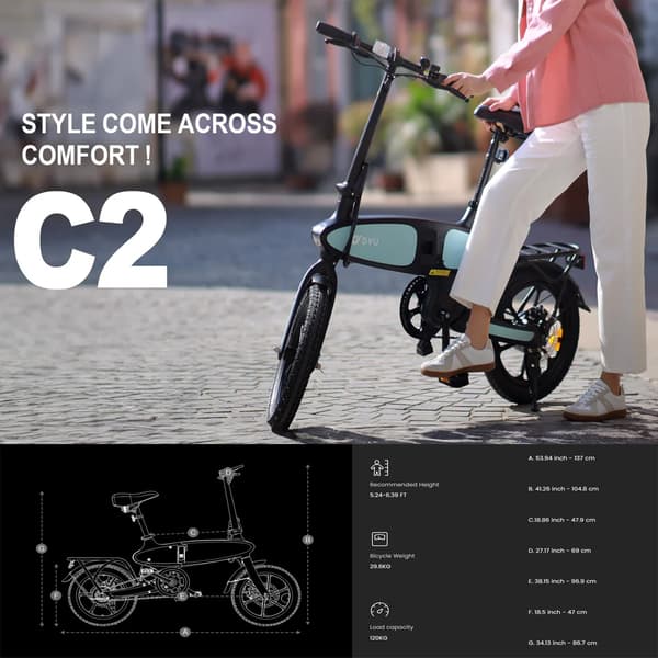 DYU C2 16-tums helt hopfällbar elcykel, ram i magnesiumlegering, 16*2,5-tums däck, 250W motor, 48V 7,5AH batteri.