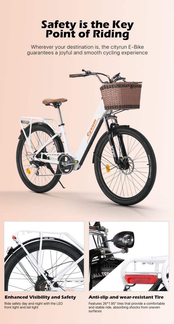 Cysum Cityrun elektrisk cykel 250w motor 25 km / h elcykel med 36V 10Ah Li-batteri sportcykelfordon 26 '' vuxna män kvinnor