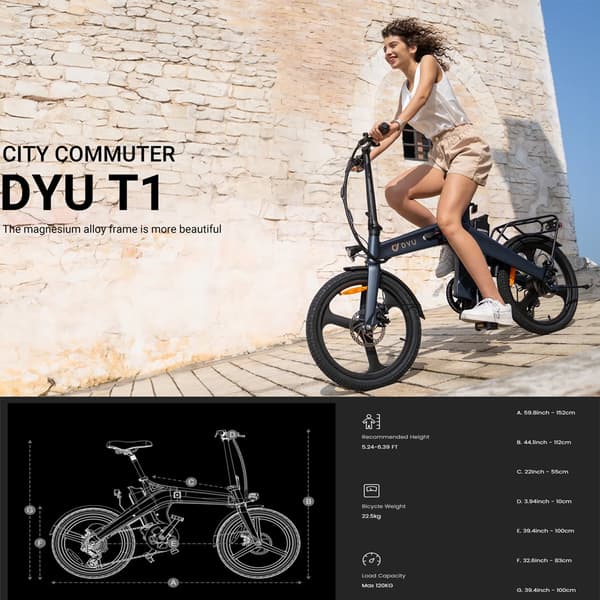 DYU T1 20 tums hopfällbar elcykel, 250W motor, 36V 10AH batteri, vridmomentsensor, ram i magnesiumlegering, SHIMANO 7-växlad transmission.