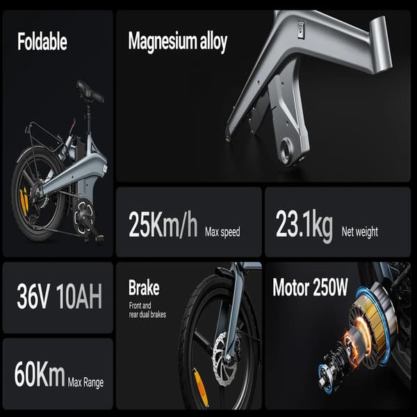 DYU T1 20 tums hopfällbar elcykel, 250W motor, 36V 10AH batteri, vridmomentsensor, ram i magnesiumlegering, SHIMANO 7-växlad transmission.