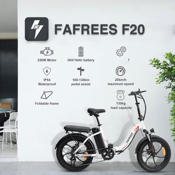 Fafrees F20 Elcykel för vuxna, 250W motor, 16Ah litiumbatteri, 20" * 3,0" däck.