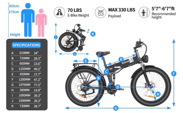Ridstar H26PRO 26" Hopfällbar Elcykel: 1000W Motor, 48V 23Ah Batteri, Hydrauliska Bromsar & EU-lager