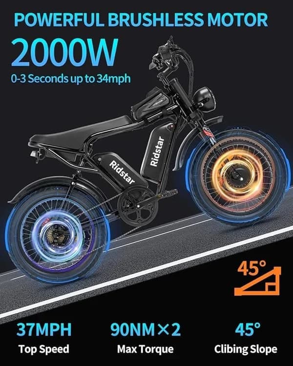 Ridstar Q20Pro 20" Elcykel med dubbla motorer: 2x1000W motorer, dubbla 52V 20Ah batterier, hydrauliska bromsar och terrängcykling