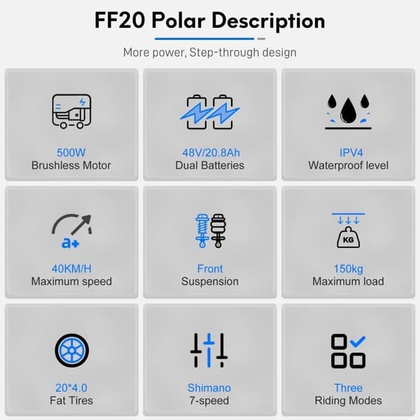 Fafrees FF20 Polar taitettava sähköpyörä, 500 W (jatkuva) 860 W (huippu) moottori, 20,8 Ah akut, 20" * 4,0" renkaat, SHIMANO 7 nopeus.