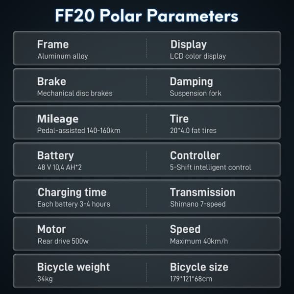 Fafrees FF20 Polar taitettava sähköpyörä, 500 W (jatkuva) 860 W (huippu) moottori, 20,8 Ah akut, 20" * 4,0" renkaat, SHIMANO 7 nopeus.