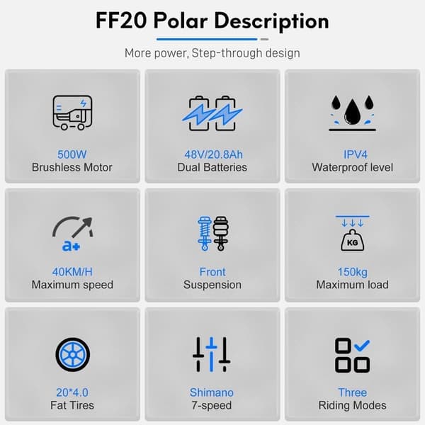 Fafrees FF20 Polar taitettava sähköpyörä, 500 W (jatkuva) 860 W (huippu) moottori, 20,8 Ah akut, 20" * 4,0" renkaat, SHIMANO 7 nopeus.
