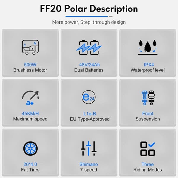 Fafrees FF20 Polar City elcykel, 500W motor, topphastighet 45 km/h, 24AH batteri, upp till 150 km räckvidd (PAS), L1e-B-certifierad