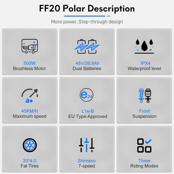 Fafrees FF20 Polar City sähköpyörä, 500 W moottori, huippunopeus 45 km/h, 26.8 Ah akku, toimintasäde jopa 170 km (PAS), L1e-B-sertifioitu