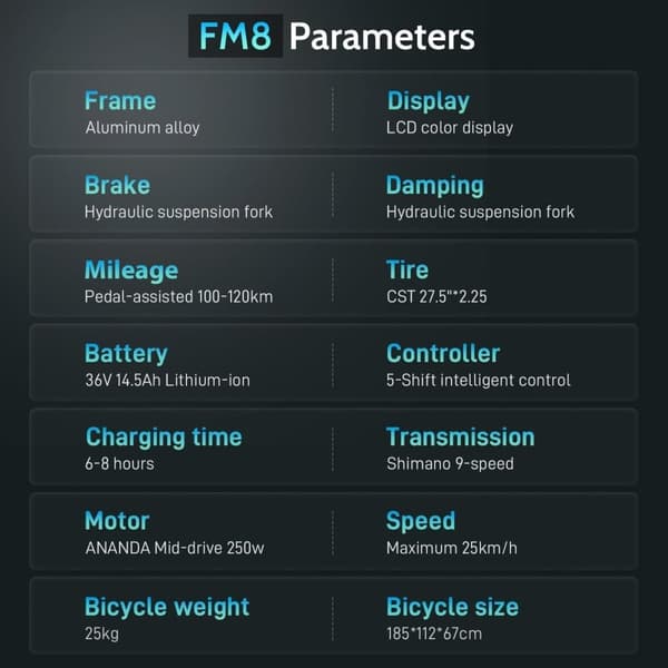 Fafrees FM8 City -sähköpyörä, 250 W keskivetomoottori, 14,5 Ah litiumakku, 27,5 * 2,25 renkaat, SHIMANO ALTUS 9-vaihteinen.