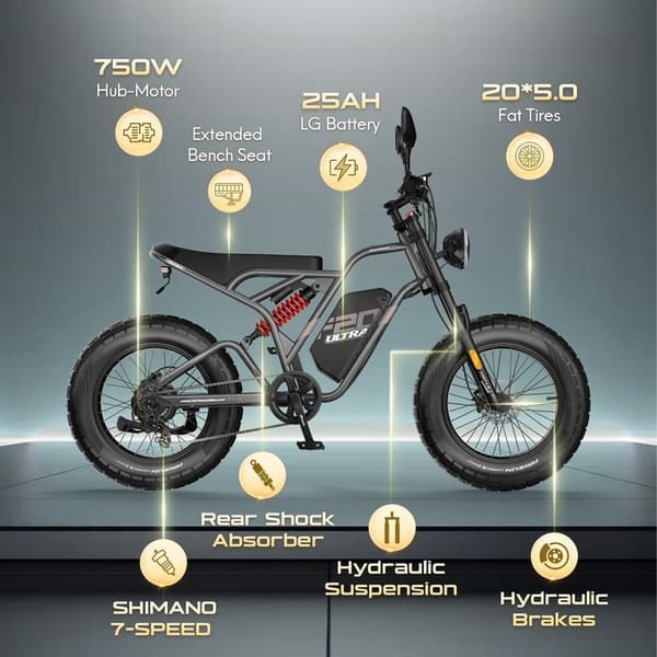 Fafrees F20 Ultra Adult Off-Road sähköpyörä, 750W moottori, 25Ah akku, 20*5.0 leveä rengas, SHIMANO 7 vaihdetta, hydraulijarru