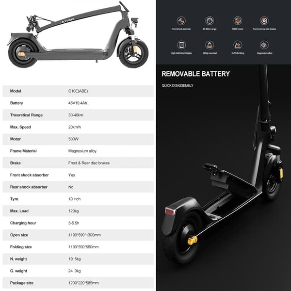 JOYOR C10E elscooter, 500W motor, 10,4AH batteri, 20km/h, 10" däck, ram i magnesiumlegering.